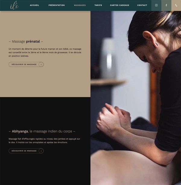 Page présentant les différents massages